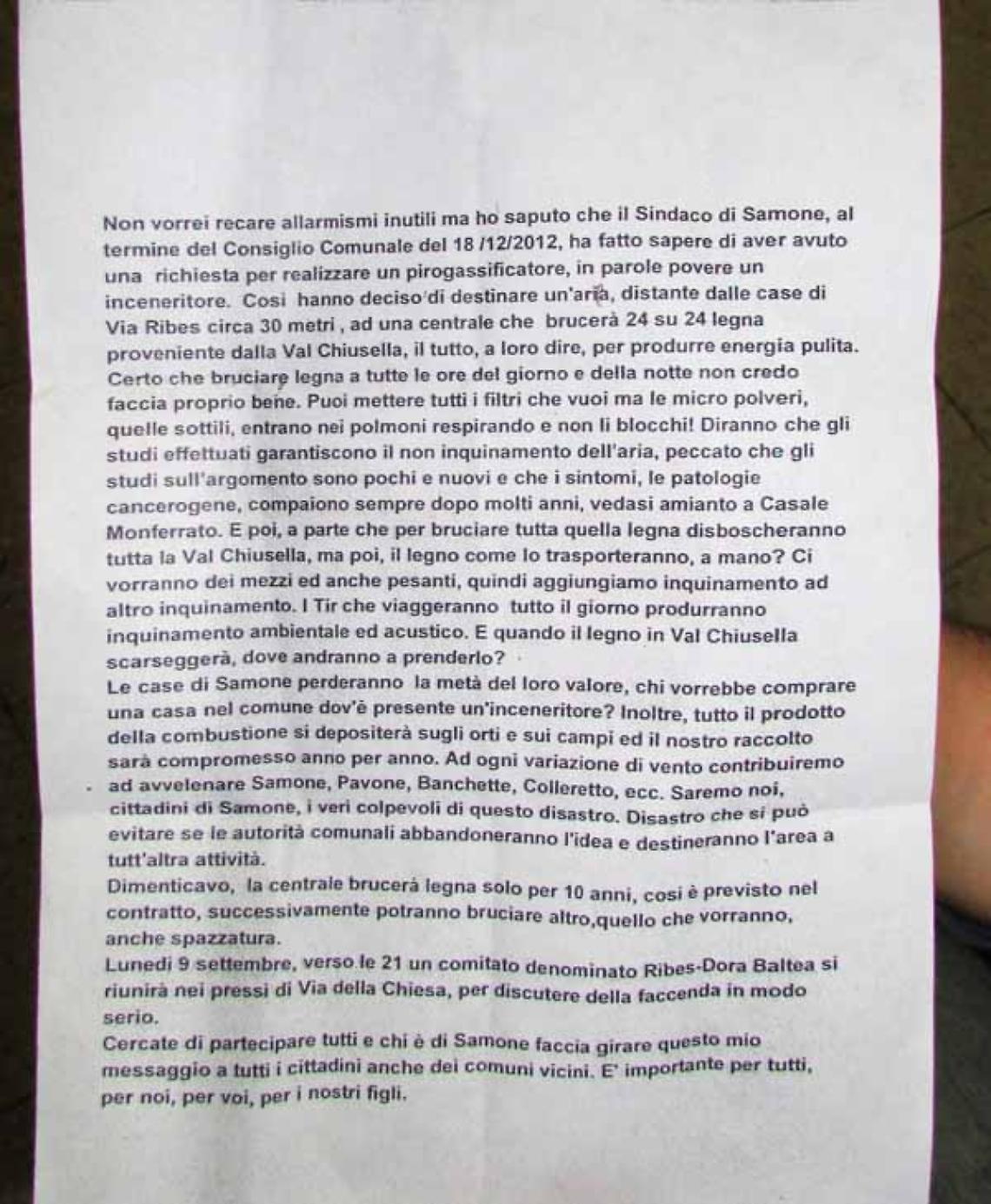 Volantino anonimo contro il piro di Samone