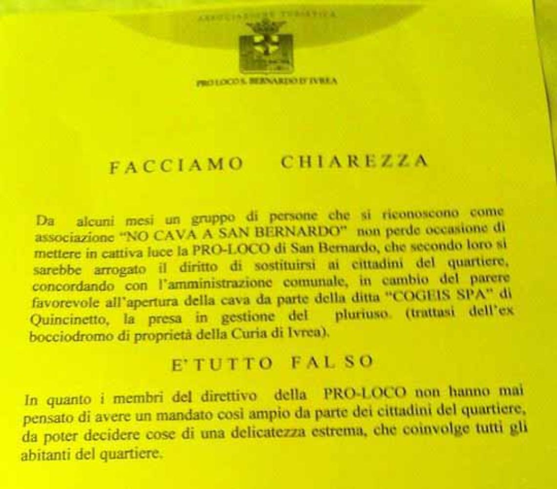 IVREA La Pro Loco di San Bernardo prende le distanze dal gruppo "No Cava"