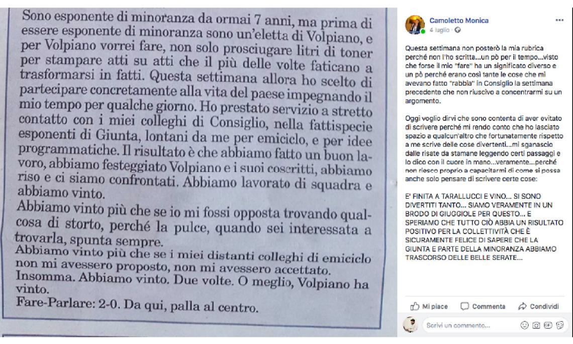 VOLPIANO. “A tarallucci e vino tra   Bigliotto e la giunta”