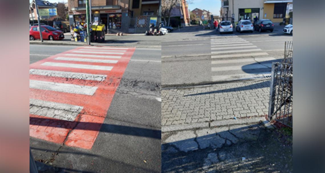 MAPPANO. In via Cuorgnè le strisce pedonali cambiano colore. Campioni: "Perché?"