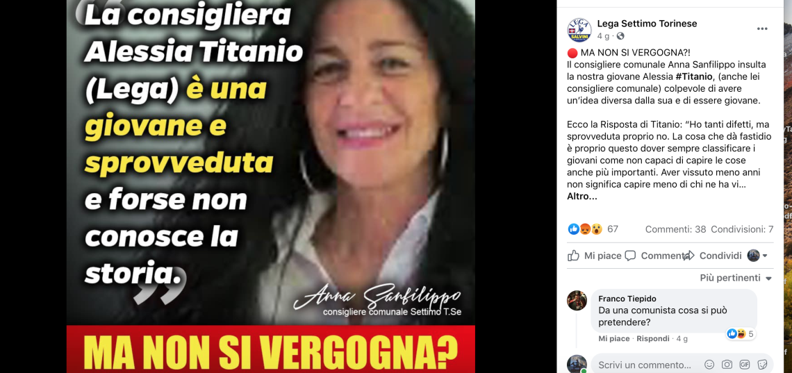 SETTIMO. Pioggia di insulti contro la Sanfilippo. “Tutti incitati da un post della Lega settimese”
