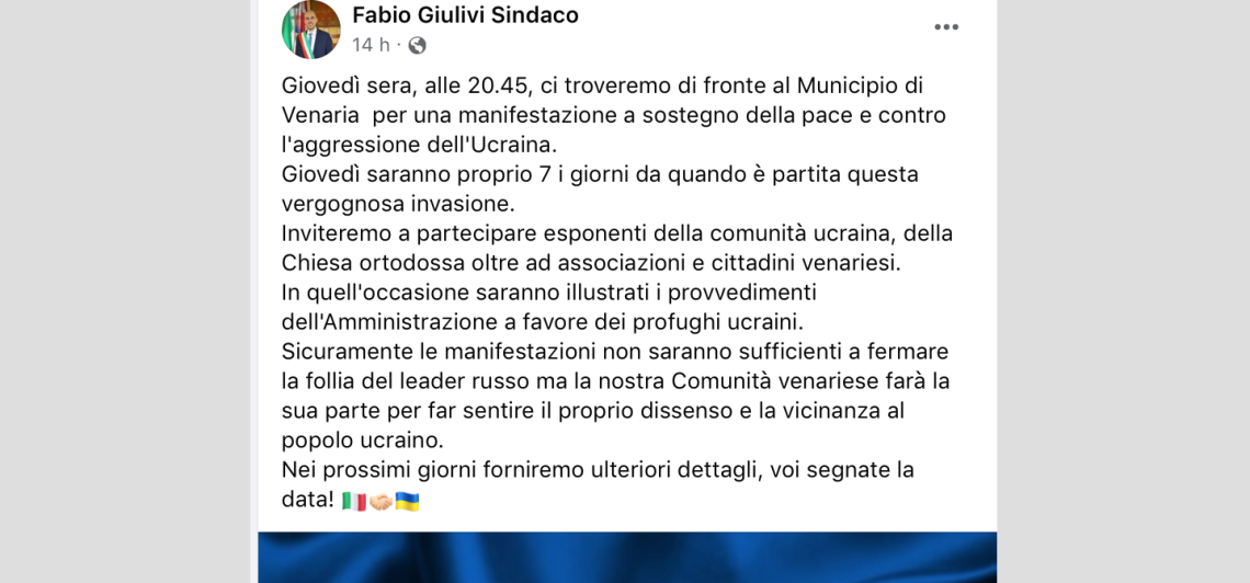 VENARIA. Povero Giulivi! Pioggia di critiche sotto il suo post che annuncia una manifestazione per la pace