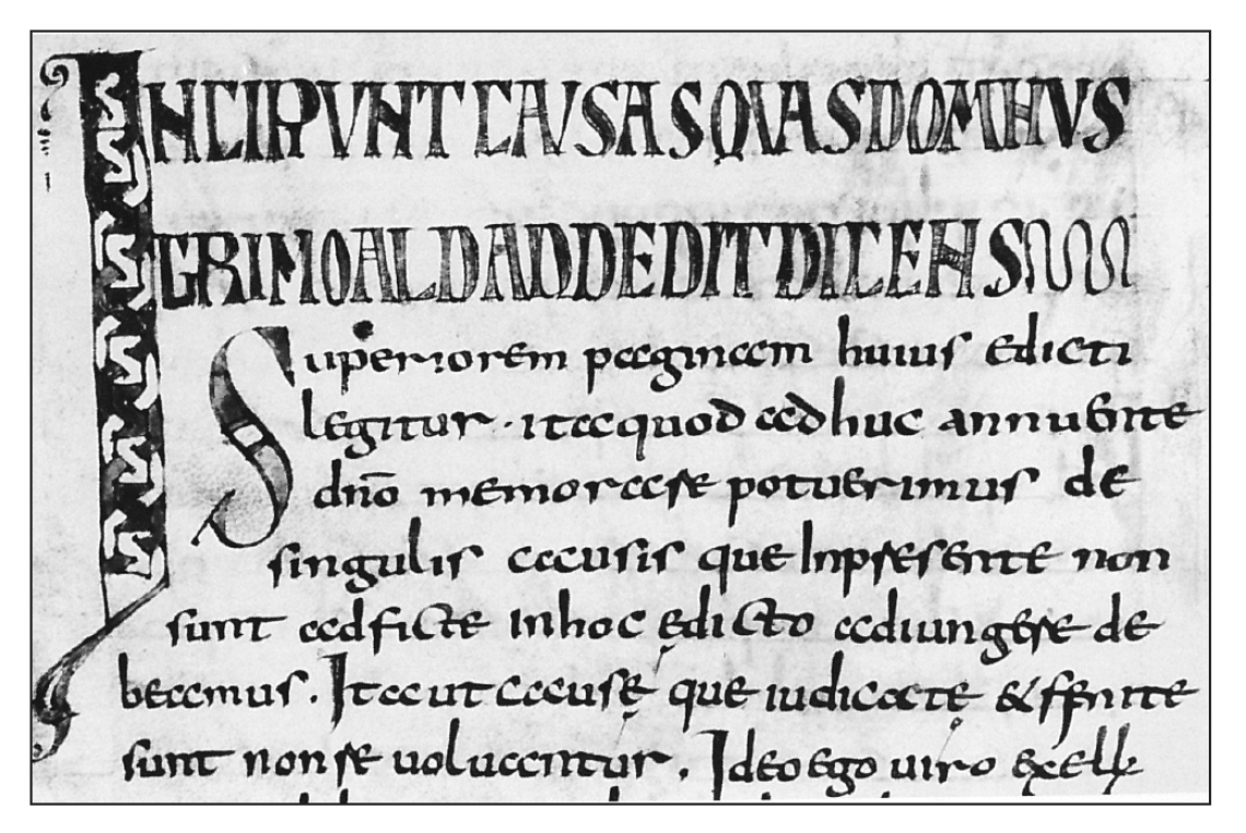 Edicta Regum Langobardorum, particolare di una pagina del codice risalente all’anno 830, opera di un miniatore romanico, nel quale sono raccolte fonti giuridiche altomedievali. Il codice è conservato 
