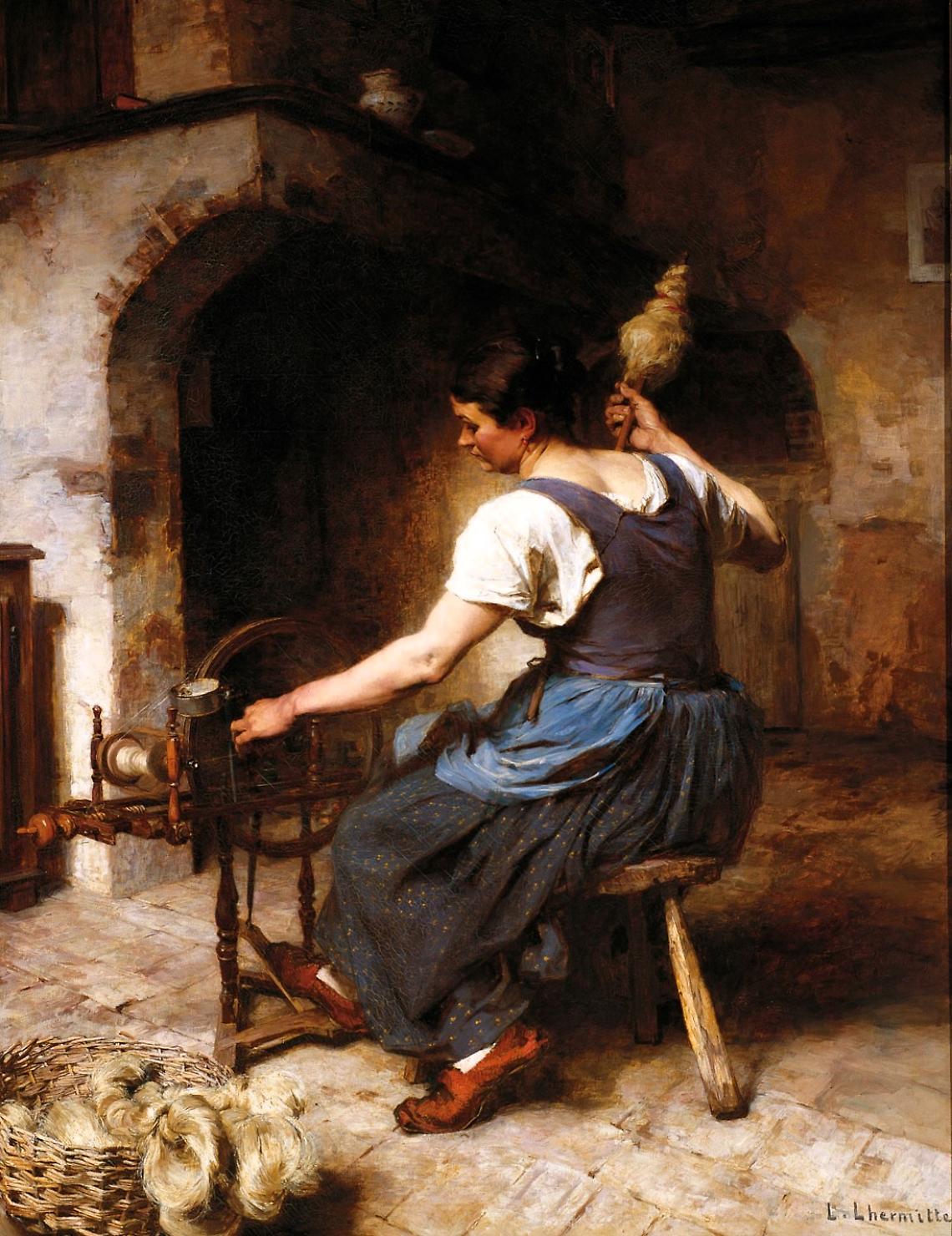 NEL RIQUADRO Una filatrice al lavoro, olio su tela del pitt ore francese Léon-Augustin Lhermitte (1883)