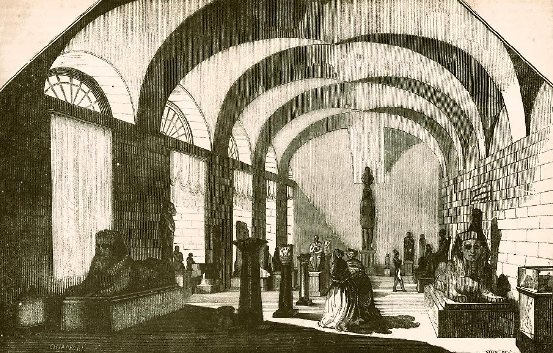 ll primo allestimento della collezione di Bernardino Drovetti a Torino (disegno di Marco Nicolosino, 1832).