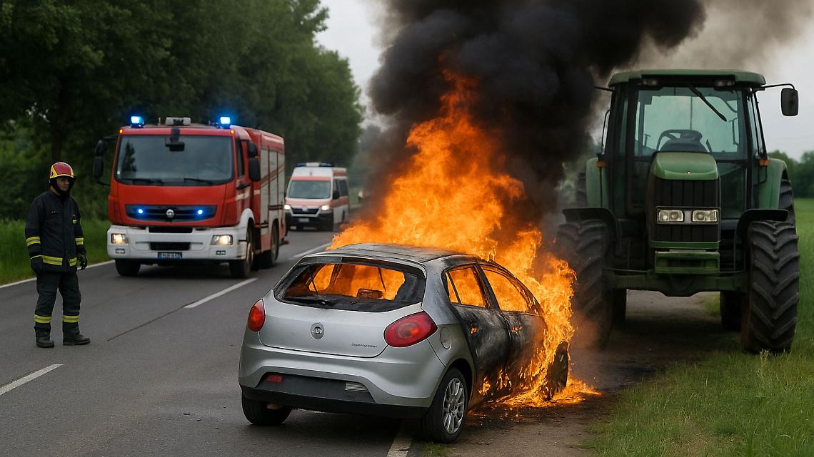 Scontro sulla provinciale 590: auto in fiamme dopo l'impatto con un trattore