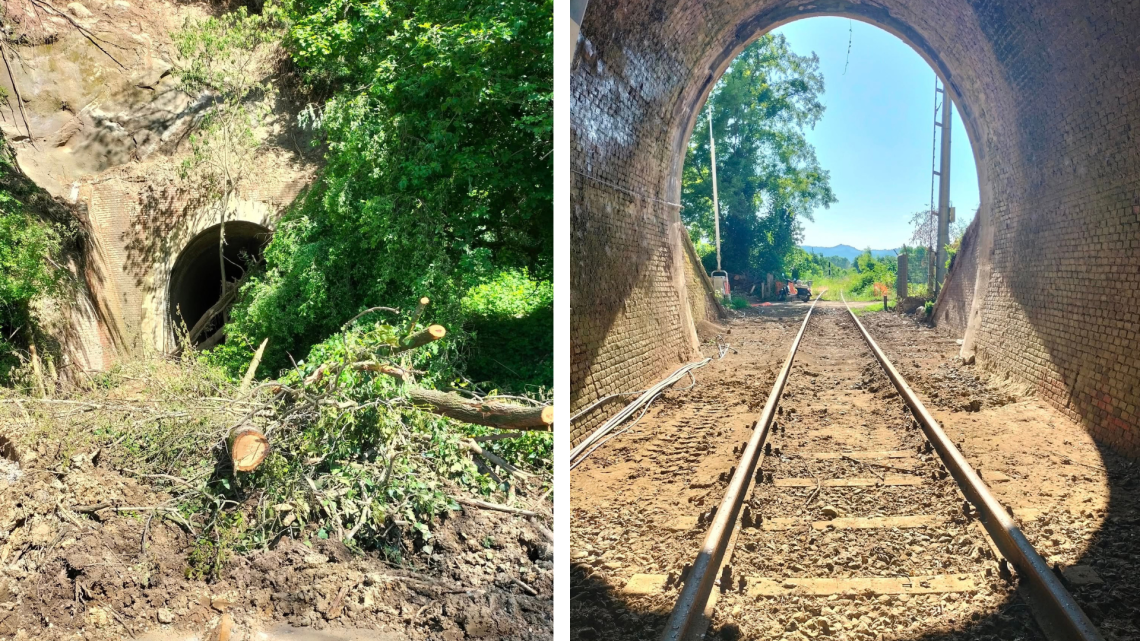 La galleria ripulita dalla frana della linea ferroviaria Chivasso-Asti