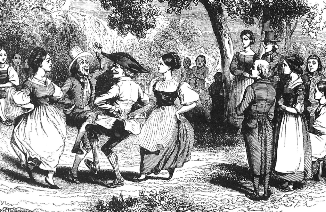 Danze spensierate a un ballo campestre. È un momento di festa per tutti, anche per chi guarda i ballerini nelle loro giravolte. Particolare di un disegno tratto da Voyage en zigzag ou excursions d’un 