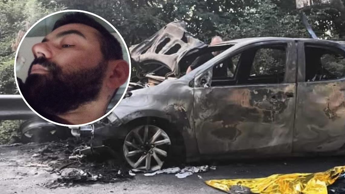Quel che resta della Yaris coinvolta nell'incidente e Ivan Mirandola