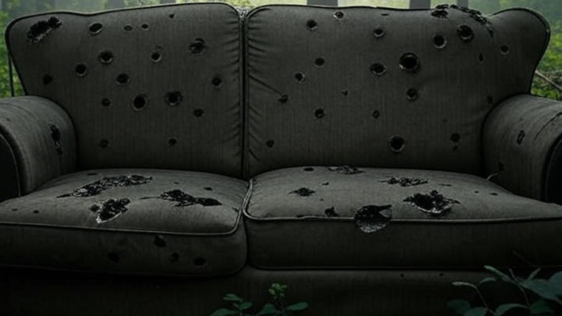 Spari nel bosco e divano crivellato