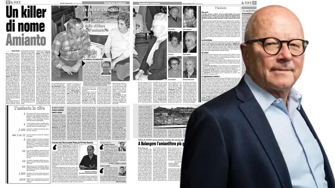 Stephan Schmidheiny. Sullo sfondo ex lavoratori della Saca di Cavagnolo