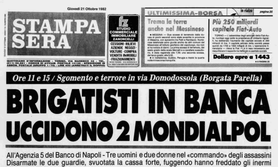 Torino negli anni di piombo. L’ultimo sangue versato. Gli omicidi D’Alleo e Pedio (21 ottobre 1982).