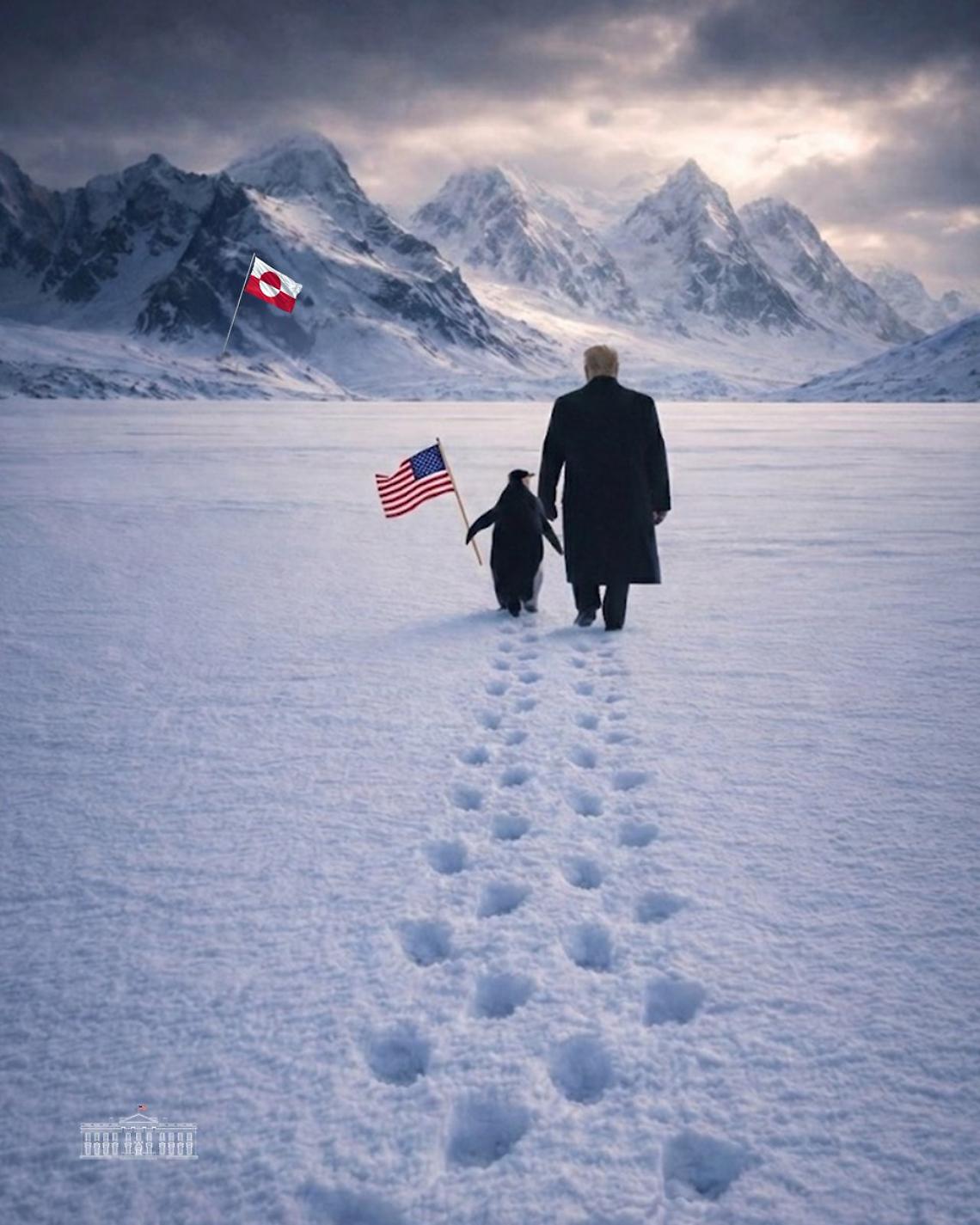 L&rsquo;immagine generata dall&rsquo;IA, pubblicata dall&rsquo;account ufficiale della Casa Bianca sui social, che raffigura Donald Trump accanto a un pinguino in Groenlandia / Credit: @TheWhiteHouse