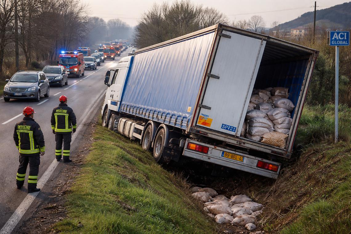Paura sulla SP25 a Robassomero: camion fuori carreggiata, traffico in tilt