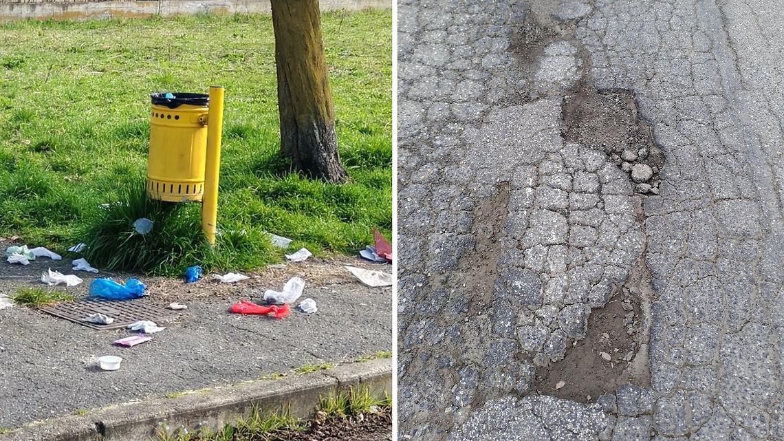 L&rsquo;asfalto salta a pezzi, i rifiuti finiscono per terra: degrado protagonista a San Mauro Torinese