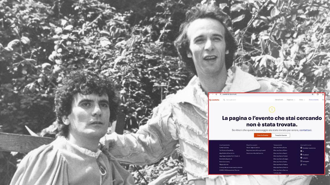 Una scena del film "Non ci resta che piangere" e la pagina del sito non raggiungibile