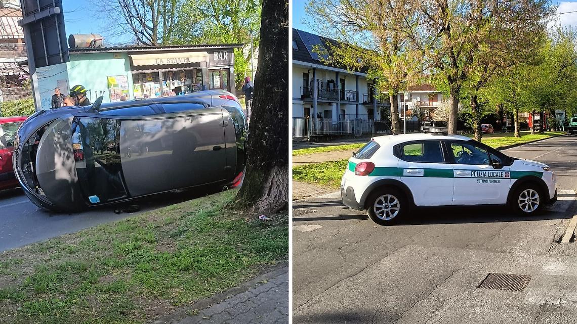 Auto si ribalta in corso Piemonte a Settimo Torinese: due feriti, tre mezzi coinvolti