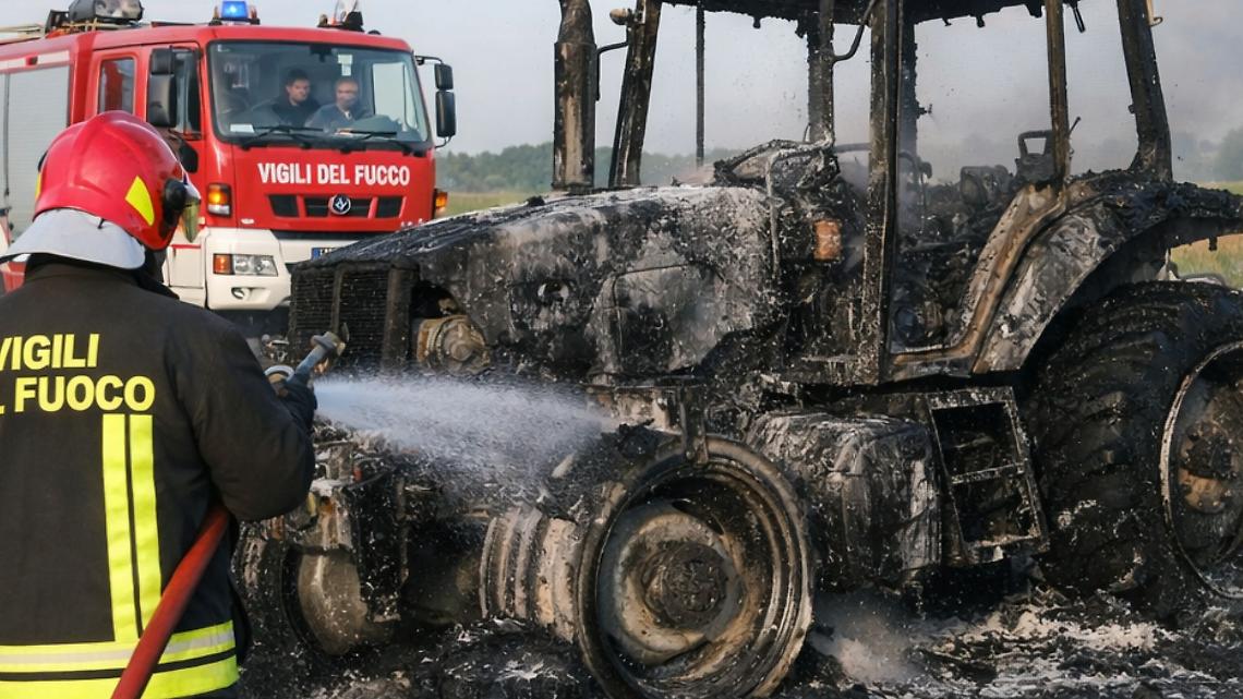 Trattore in fiamme 