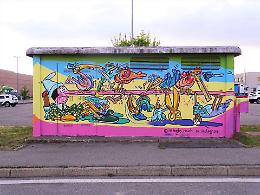 Un murales di Pinocchio sulla cabina dell'Enel a Chivasso