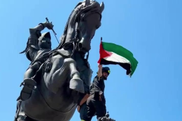 Vigile del fuoco sventola bandiera palestinese in piazza a Torino tra gli applausi