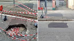 Voragine in strada San Mauro chiusa dopo mesi: ripristino provvisorio al civico 220