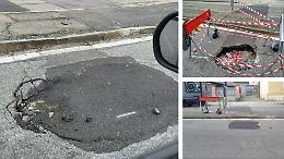 Strada San Mauro, la voragine si riapre tre giorni dopo il ripristino: cittadini furiosi