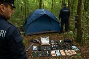 Piemonte, spaccio nei boschi: pusher arrestato in tenda con cocaina, revolver e machete