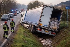 Paura sulla SP25 a Robassomero: camion fuori carreggiata, traffico in tilt