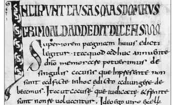 Edicta Regum Langobardorum, particolare di una pagina del codice risalente all’anno 830, opera di un miniatore romanico, nel quale sono raccolte fonti giuridiche altomedievali. Il codice è conservato 