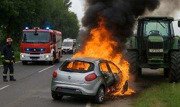 Fiat si schianta contro trattore e prende fuoco: paura sulla 590 a San Sebastiano da Po
