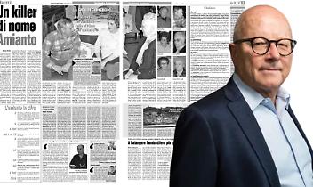 Stephan Schmidheiny. Sullo sfondo ex lavoratori della Saca di Cavagnolo