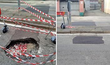 Voragine in strada San Mauro chiusa dopo mesi: ripristino provvisorio al civico 220