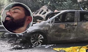 Quel che resta della Yaris coinvolta nell'incidente e Ivan Mirandola