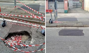 Voragine in strada San Mauro chiusa dopo mesi: ripristino provvisorio al civico 220