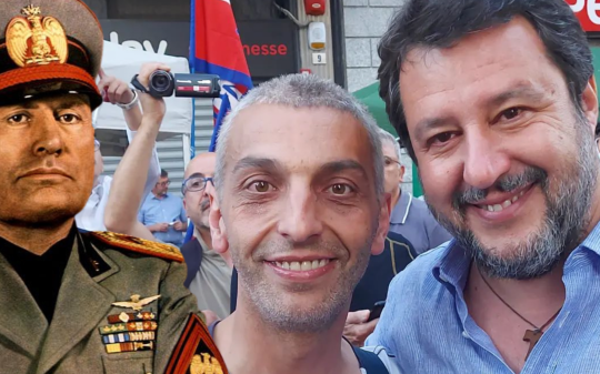 Al cento con Mussolini a sinistra e Matteo Salvini a destra