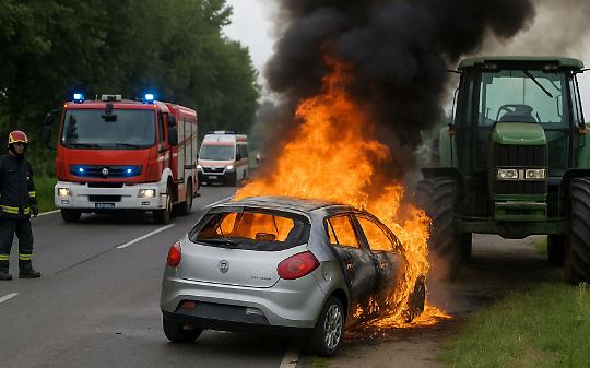 Fiat si schianta contro trattore e prende fuoco: paura sulla 590 a San Sebastiano da Po