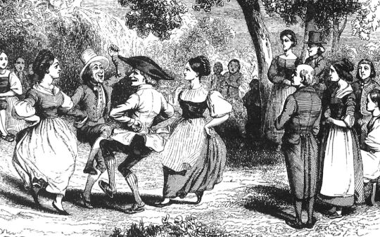 Danze spensierate a un ballo campestre. È un momento di festa per tutti, anche per chi guarda i ballerini nelle loro giravolte. Particolare di un disegno tratto da Voyage en zigzag ou excursions d’un 