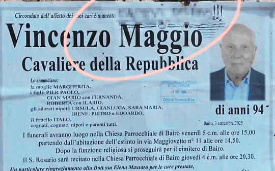 Insulti al manifesto funebre di Vincenzo Maggio