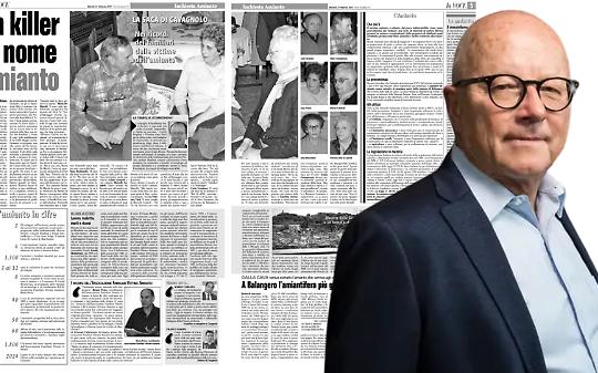 Stephan Schmidheiny. Sullo sfondo ex lavoratori della Saca di Cavagnolo