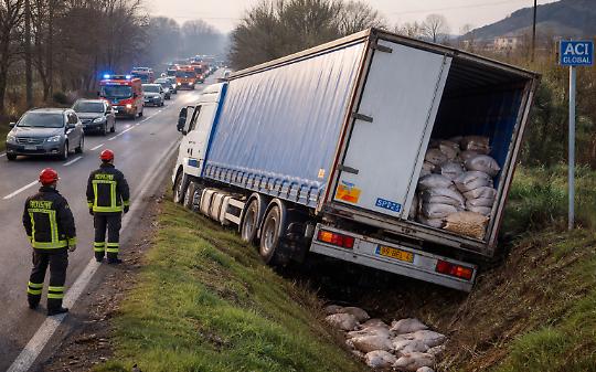Paura sulla SP25 a Robassomero: camion fuori carreggiata, traffico in tilt