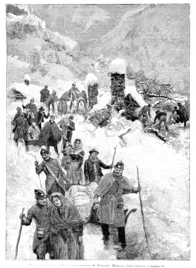 Valanghe sulle Alpi, composizione di Edoardo Matania, tratta da L’illustrazione popolare del 31 gennaio 1832, Fratelli Treves Editori, Milano. In primo piano gli alpini soccorrono le vittime di una valanga; è probabile che si tratti della tragedia di Valprato