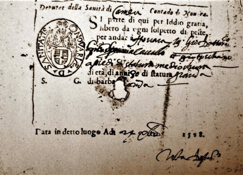 «Green pass» rilasciato dalle autorità sanitarie di Cameri, nel Novarese, il 24 dicembre 1598