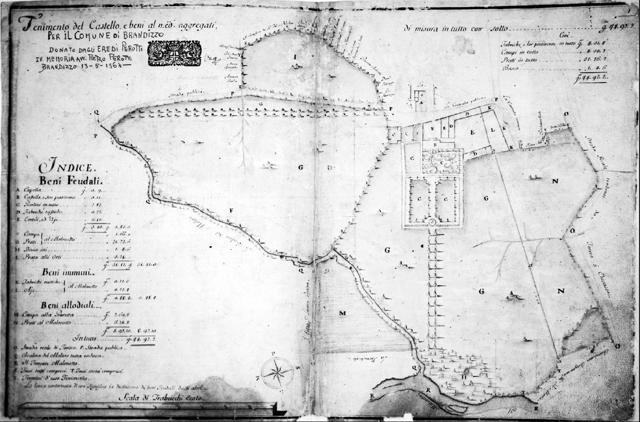 NEL RIQUADRO Tenimento del castello tratto dal Cabreo Nicolis del 1732-34 (Archivio Storico del Comune di Brandizzo).