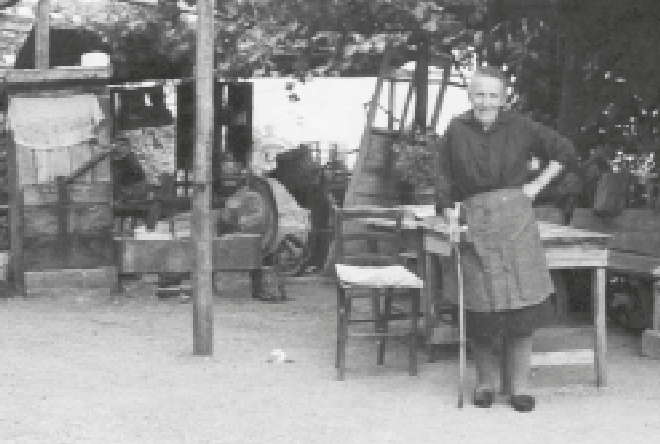IN FOTO Ninìn, madre di don Giacomo, sotto la tòpia d’uva fròla, nel cortile della casa del Montbiot.