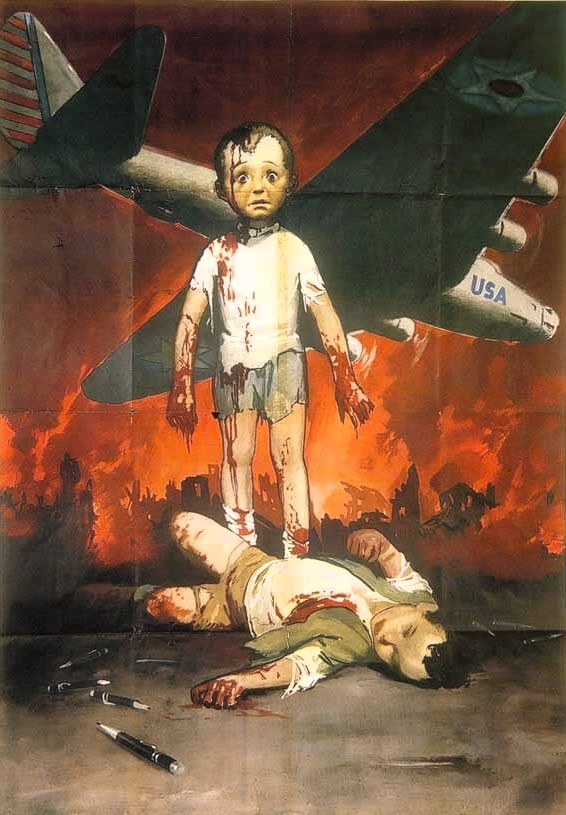 Manifesto di propaganda fascista  che accusa gli americani di spar gere penne esplosive. Il suo auto re e il famoso Gino Boccasile