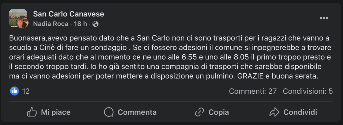 Il post Facebook dell'utente di San Carlo Canavese