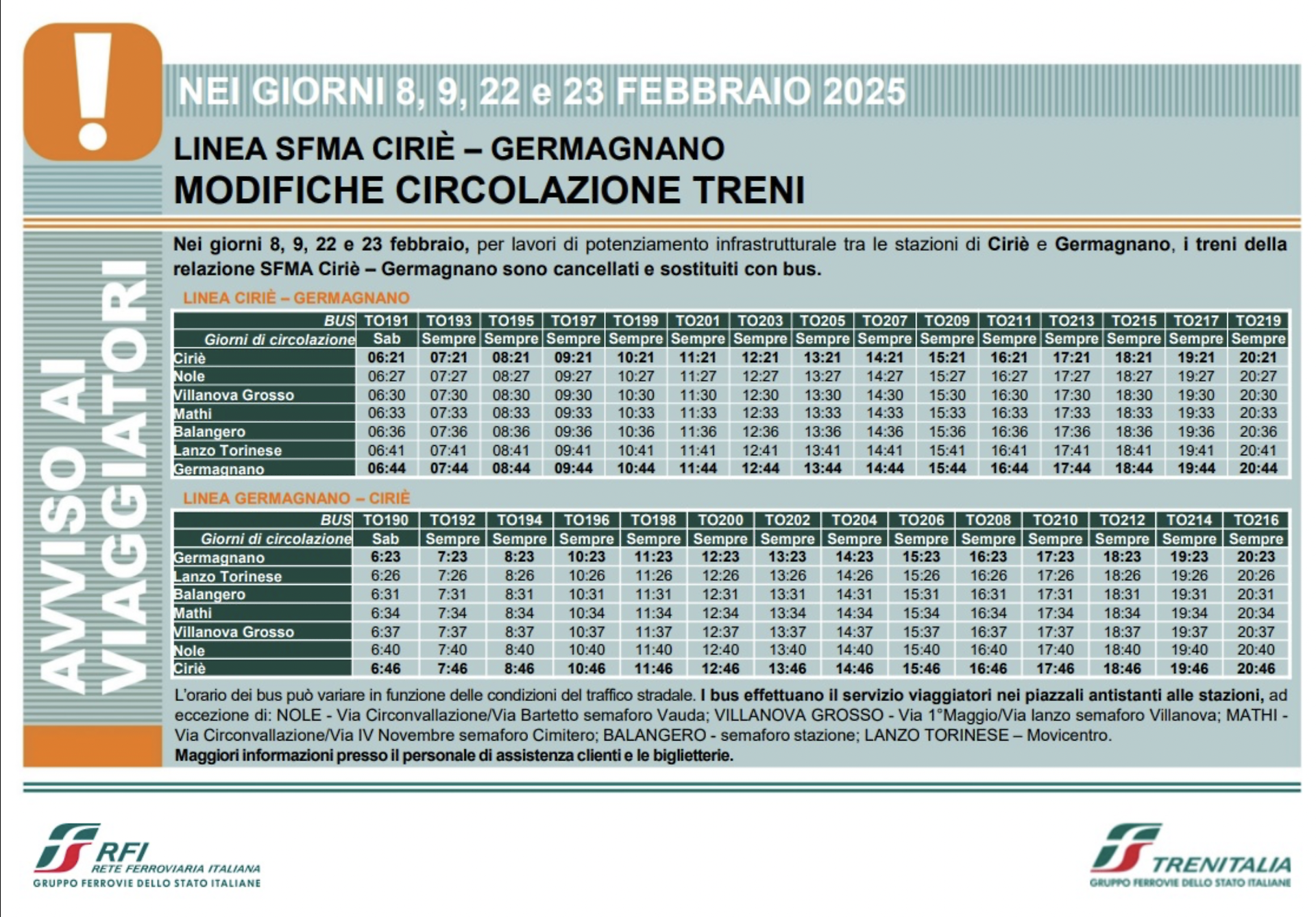 ORARI BUS SOSTITUTIVI SFM-A GIORNI 8-9-22-23 FEBBRAIO  Sono pubblicati sul sito di Trenitalia gli orari dei servizi bus sostitutivi nei due fine settimana 8-9 e 22-23 febbraio, quando la Cirié-Germagnano sarà chiusa per consentire i lavori di adeguamento della massa assiale della tratta. La tabella oraria è consultabile anche su: 