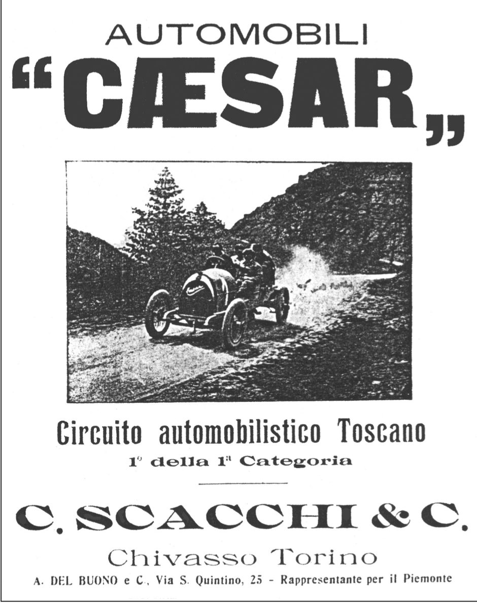 Pubblicit&agrave; delle automobili Caesar che evidenzia la vittoria nel Circuito Automobilistico Toscano (1914).