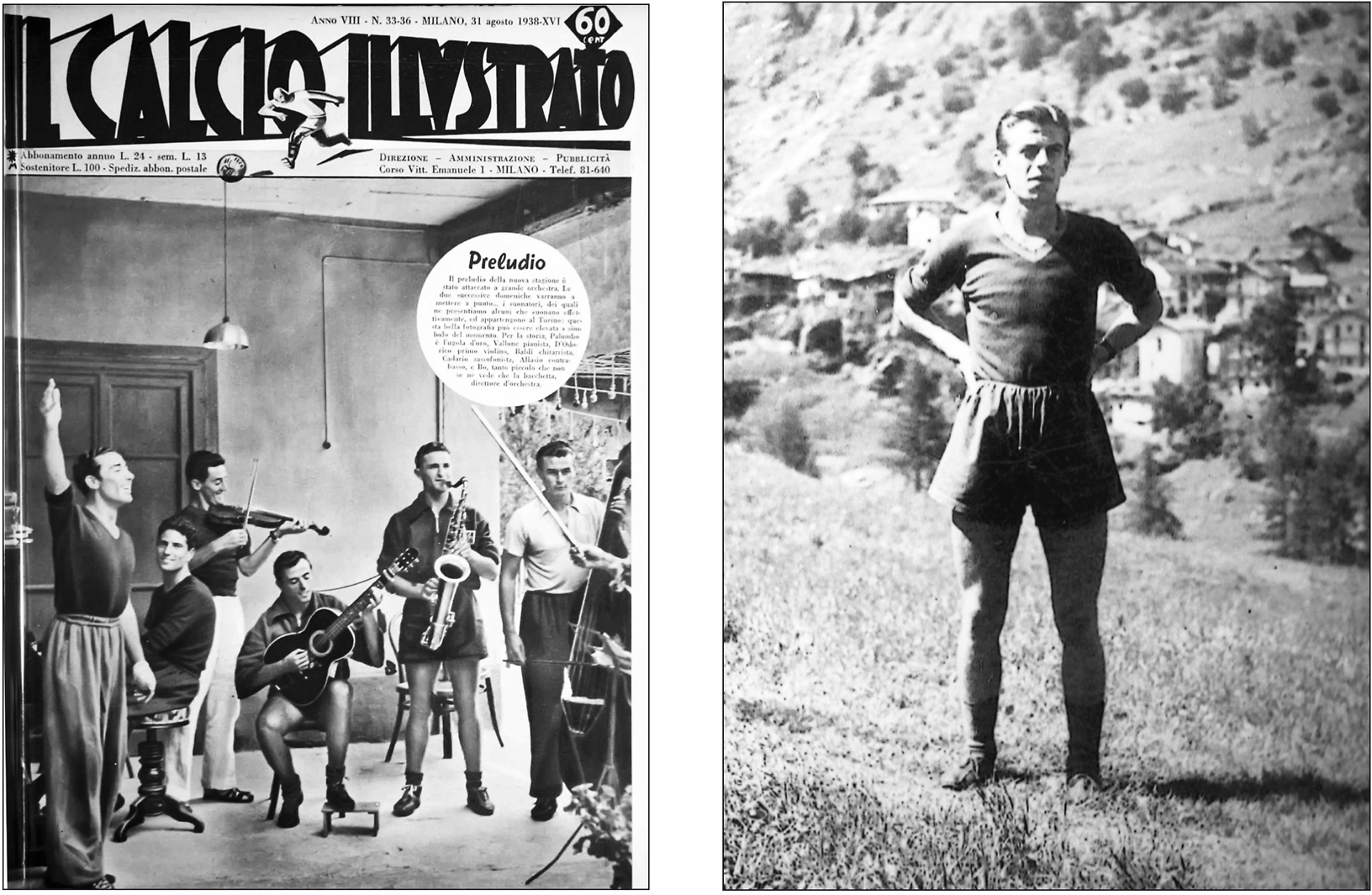 A sinistra: Ala di Stura, estate 1938. L'orchestra improvvisata da alcuni calciatori del Torino al Grand Hotel. Al pianoforte, Raf Vallone, futuro attore di successo (archivio Corrado Golé). A destra: Balme, estate 1939. Un giovane Franco Ossola, prima pedina del Grande Torino (archivio Franco Ossola).