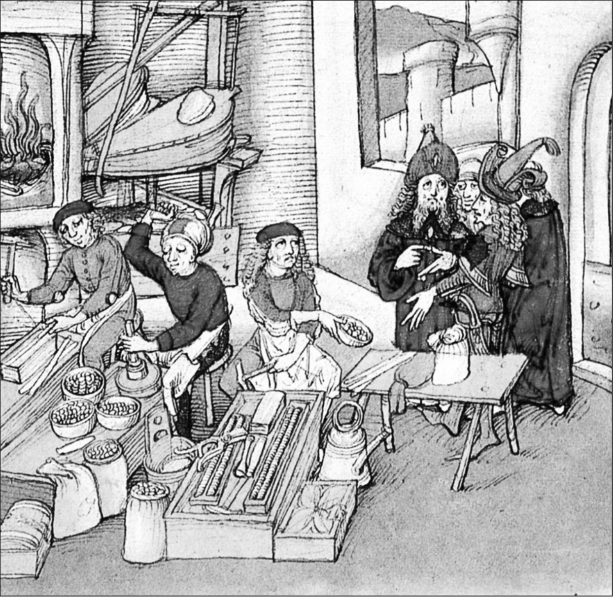 Fucina per la produzione di monete in una stampa del XVI secolo. Sul fondo si scorgono i mantici per alimentare il fuoco. Il secondo uomo da sinistra, per mezzo di stampi, imprime il conio sulle facce dei dischi di metallo, colpendo violentemente con un martello.